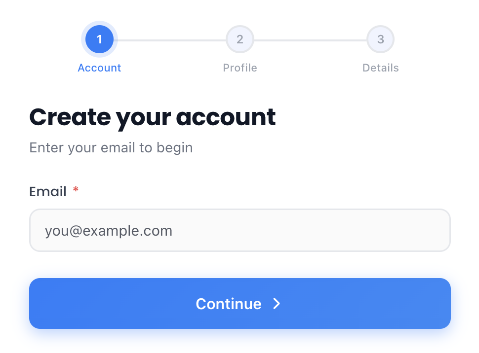Step 1 of the Clarity Rankings sign-up form: Create your account, enter your email to begin.