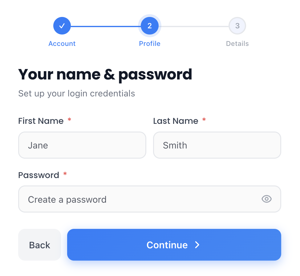 Step 2 of the Clarity Rankings sign-up form: Your name and password, set up your login credentials.