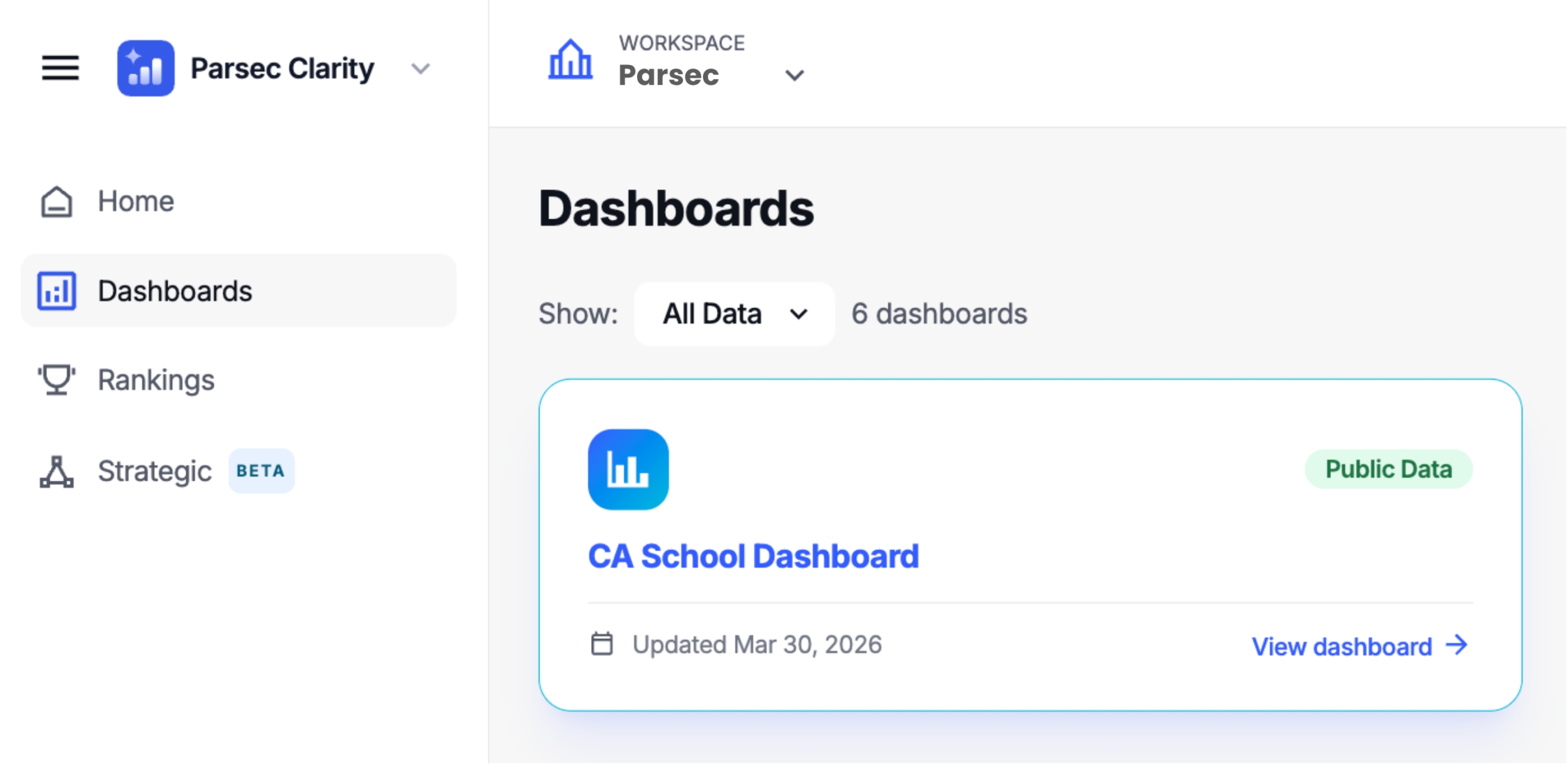 Opening the Dashboards view from the left navigation in Clarity Lite.