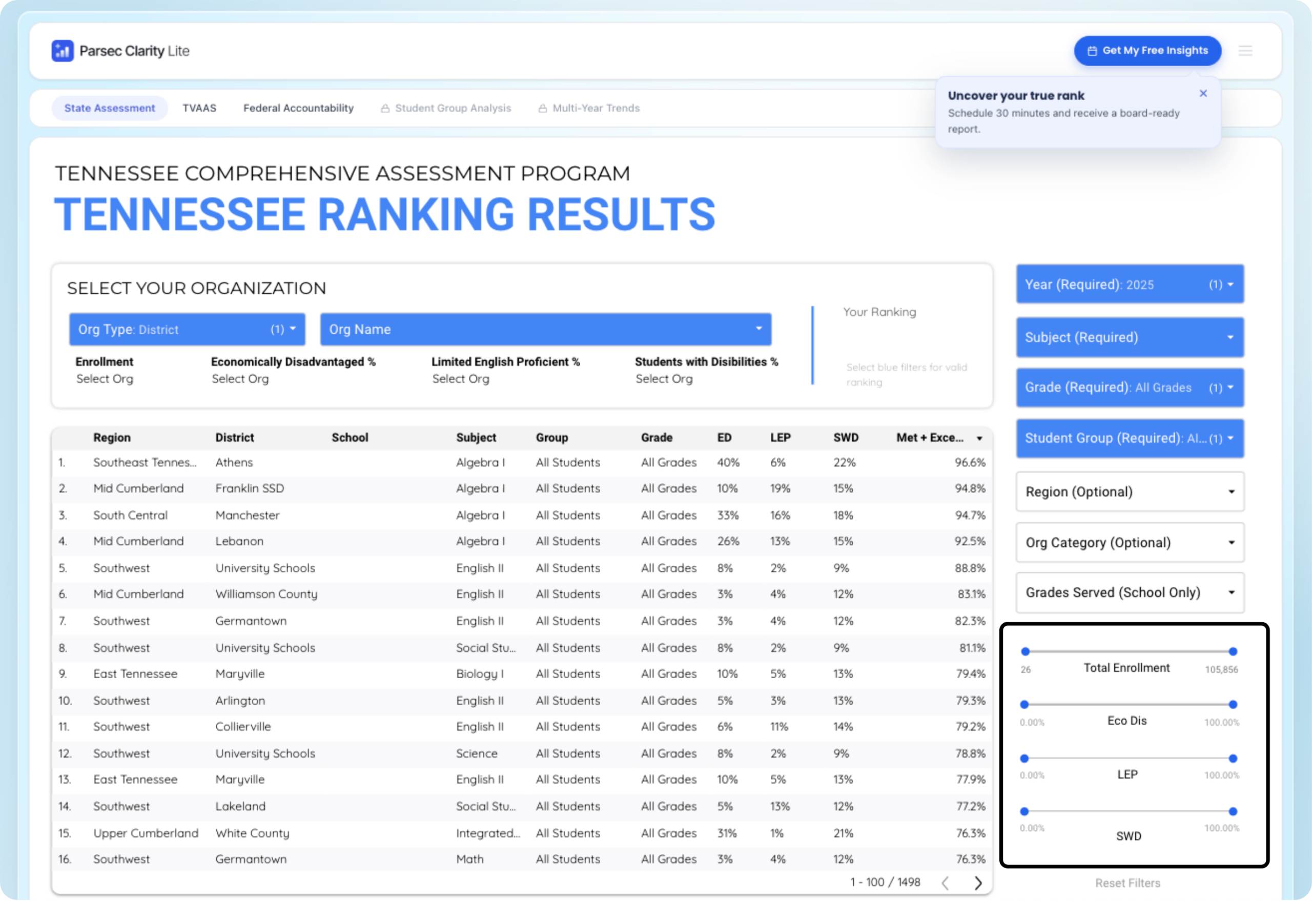 The comparison filter panel in Clarity Rankings used to define similar systems.