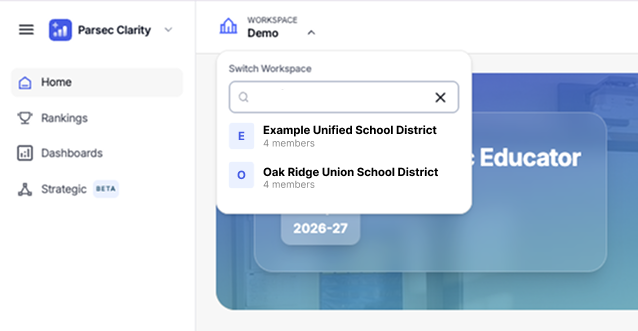 An organization such as Example Unified School District with multiple workspaces listed underneath it, including an Elementary Pilot workspace.