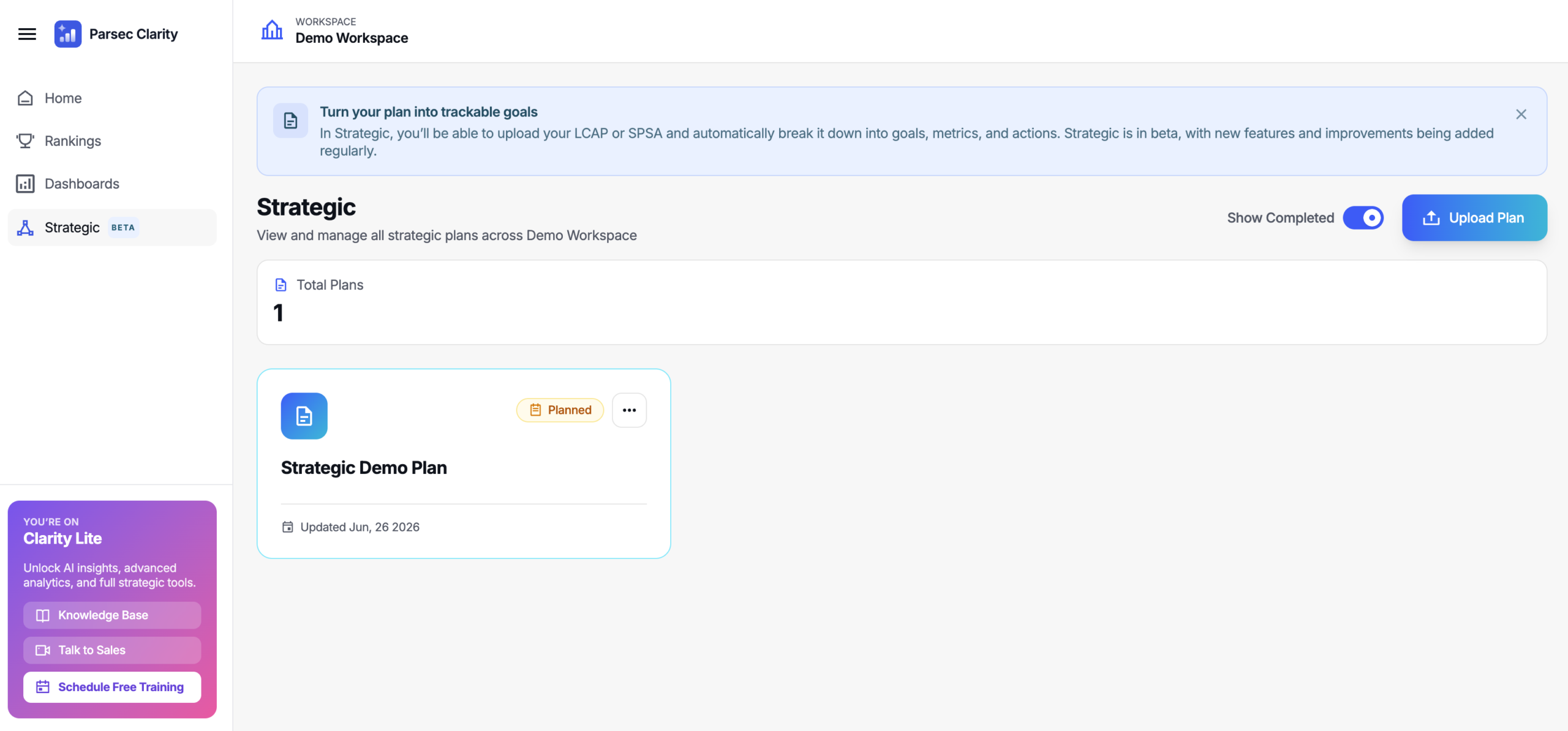 The Strategic demo plan in Clarity Lite, showing an LCAP broken into metrics, goals, and actions.