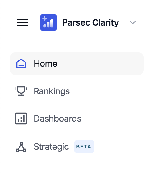 The left-hand navigation pane in Parsec Clarity, with the collapse icon and the down arrow next to Clarity.