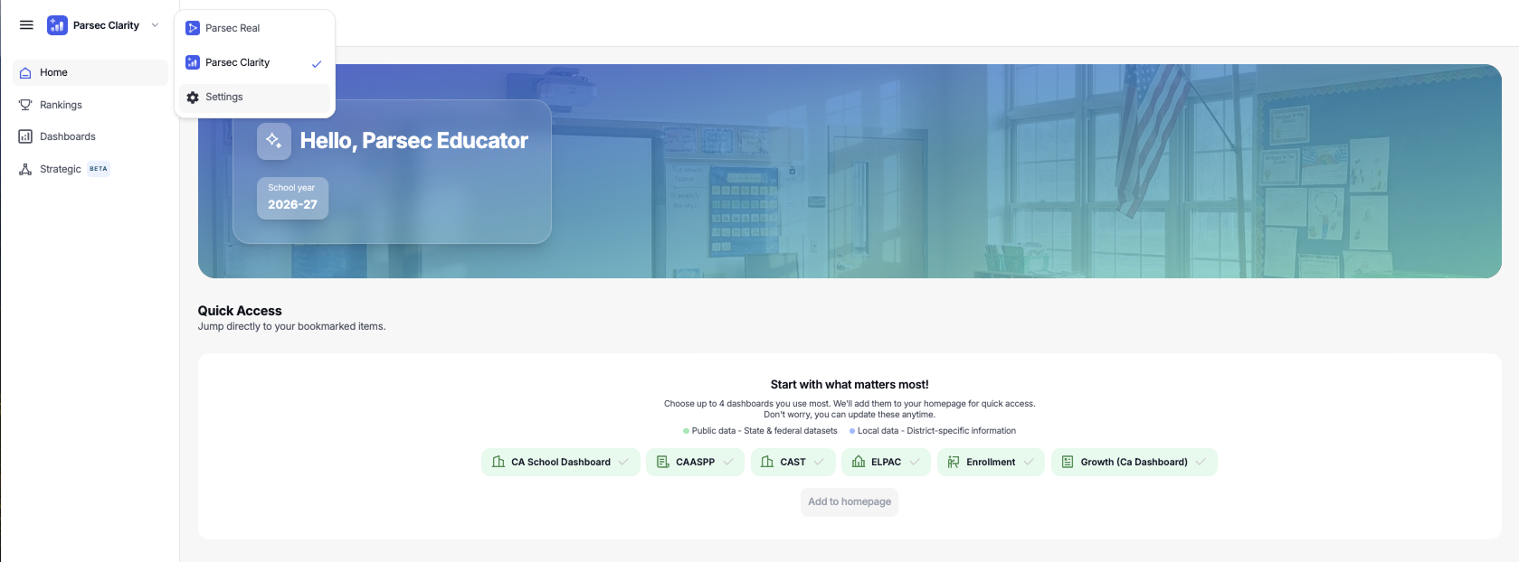 A user's home page and profile settings in Parsec Clarity — pinned dashboards, name, and background image.