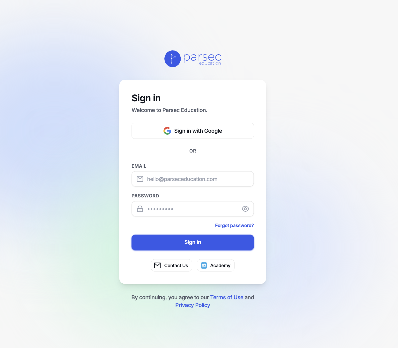 Signing in to Parsec Clarity with Google or with an email and password.