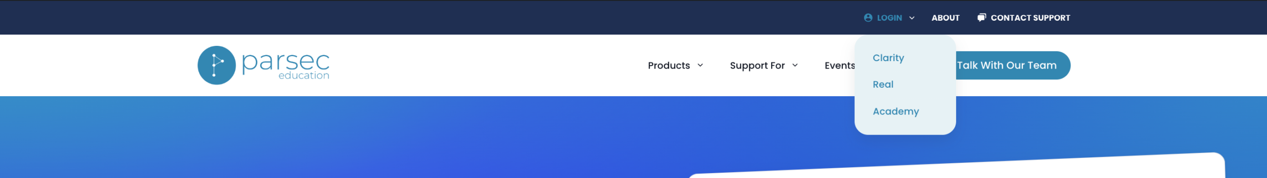 The Parsec Clarity login page at app.parseceducation.com.
