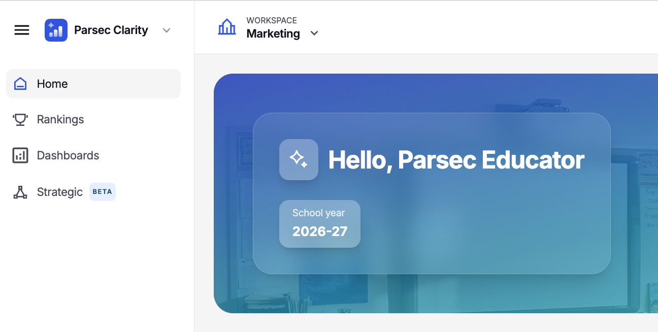 The Parsec Clarity home page confirming your name and workspace after logging in.