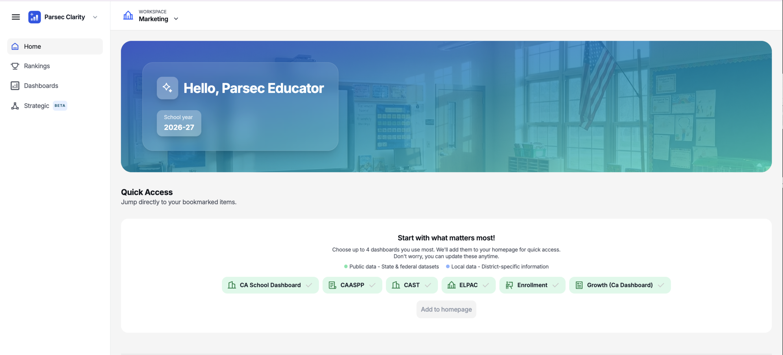 The Parsec Clarity homepage showing your name and current workspace.