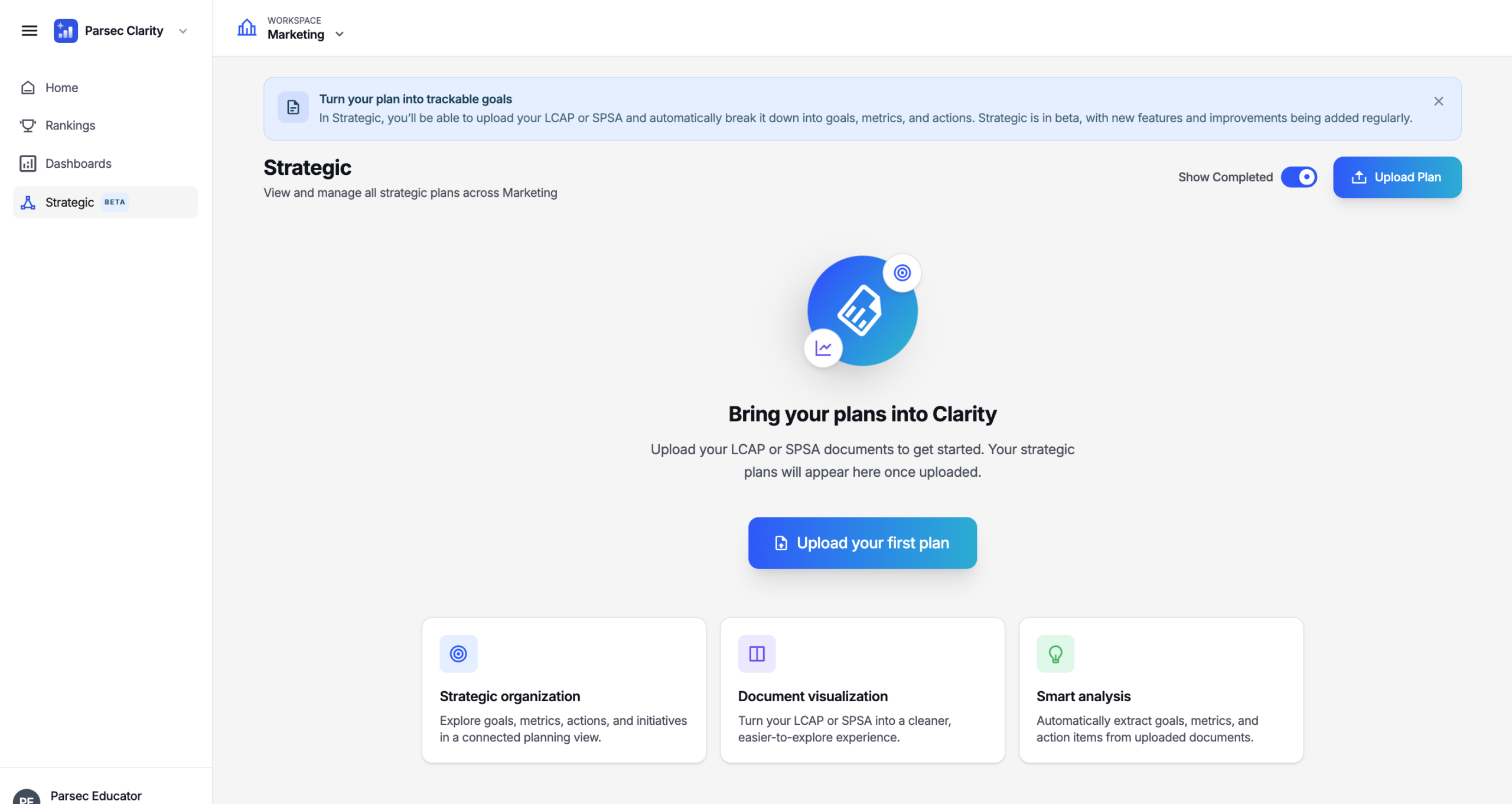 The Strategic Plan section in Parsec Clarity, showing ingested plans or the upload prompt.